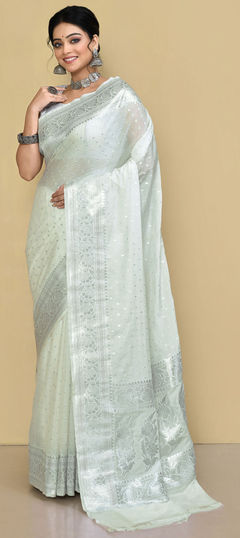 White and Off White color Saree in Georgette fabric with Weaving, Zari work