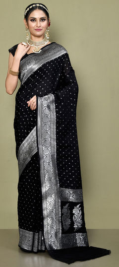 Black and Grey color Saree in Georgette fabric with Weaving, Zari work