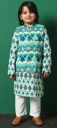 Green color Boys Kurta Pyjama with Jacket in Cotton fabric with Printed work