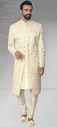 Wedding White and Off White color Sherwani in Silk fabric with Embroidered, Thread work : 1913174