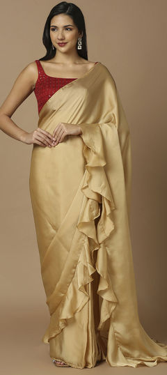 Party Wear, Reception, Traditional Gold color Saree in Satin Silk fabric with South Embroidered work : 1913256