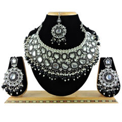 Silver Rodium Polish Black and Grey color Necklace in Metal Alloy studded with CZ Diamond, Pearl