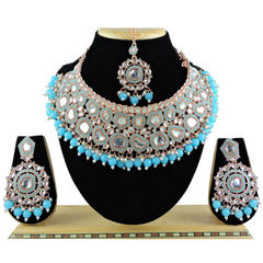 Gold Rodium Polish Blue color Necklace in Metal Alloy studded with CZ Diamond, Pearl