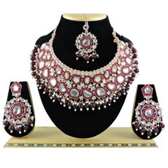 Gold Rodium Polish Red and Maroon color Necklace in Metal Alloy studded with CZ Diamond, Pearl