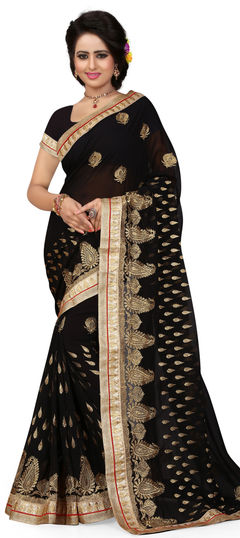 Black and Grey color Saree in Georgette fabric with Border, Embroidered, Thread, Zari work