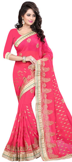 Pink and Majenta color Saree in Georgette fabric with Border, Embroidered, Thread, Zari work