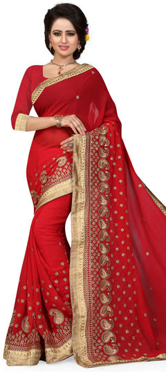 Red and Maroon color Saree in Georgette fabric with Border, Embroidered, Thread, Zari work