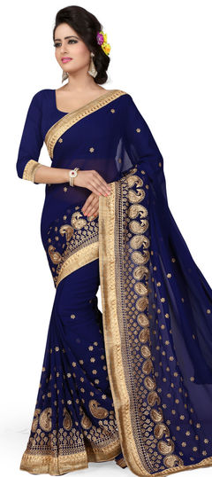 Blue color Saree in Georgette fabric with Border, Embroidered, Thread, Zari work