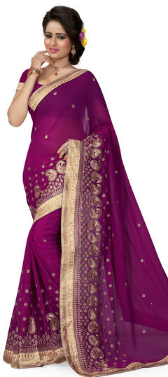 Purple and Violet color Saree in Georgette fabric with Border, Embroidered, Thread, Zari work