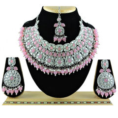 Silver Rodium Polish Pink and Majenta color Necklace in Metal Alloy studded with CZ Diamond, Pearl