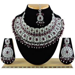 Silver Rodium Polish Red and Maroon color Necklace in Metal Alloy studded with CZ Diamond, Pearl
