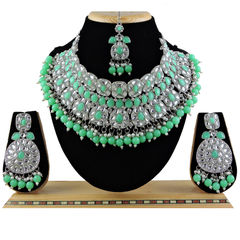 Silver Rodium Polish Green color Necklace in Metal Alloy studded with CZ Diamond, Pearl