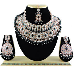 Gold Rodium Polish Black and Grey color Necklace in Metal Alloy studded with CZ Diamond, Pearl