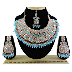 Gold Rodium Polish Blue color Necklace in Metal Alloy studded with CZ Diamond, Pearl