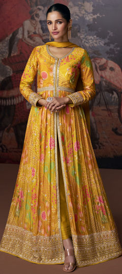 Festive, Party Wear, Wedding Yellow color Salwar Kameez in Georgette fabric with Anarkali Embroidered, Printed, Sequence, Thread, Zari work : 1913469