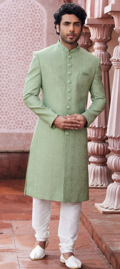 Wedding Green color Sherwani in Art Silk fabric with Embroidered, Resham, Sequence, Thread work : 1913520