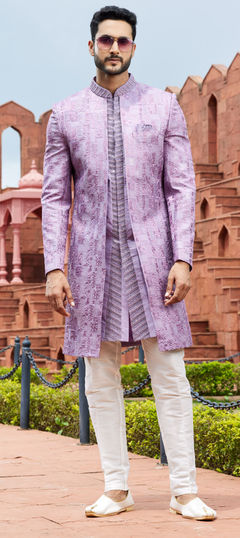 Purple and Violet color IndoWestern Dress in Art Silk fabric with Embroidered, Resham, Sequence, Thread work