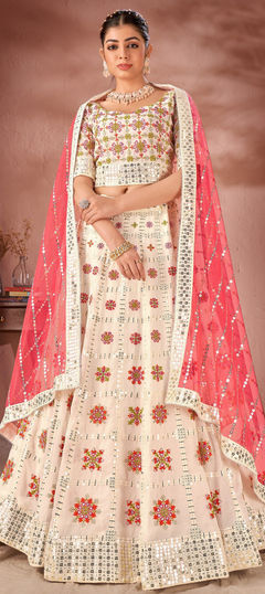 White and Off White color Lehenga in Georgette fabric with Embroidered, Resham, Sequence, Thread work