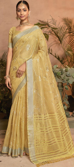 Party Wear, Traditional Yellow color Saree in Kota Doria Silk fabric with Bengali, South Gota Patti work : 1913627