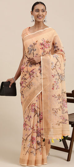 Beige and Brown color Saree in Linen fabric with Printed, Zari work