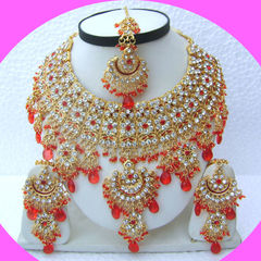 Gold Rodium Polish Red and Maroon color Necklace in Metal Alloy studded with CZ Diamond, Kundan
