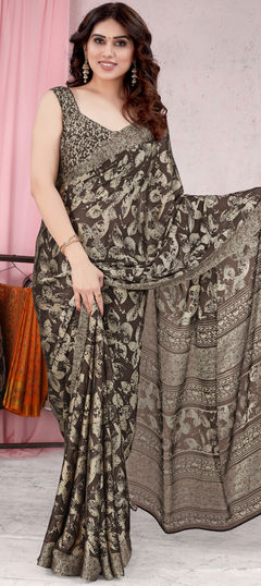 Festive, Traditional Beige and Brown color Saree in Chiffon fabric with Classic Floral, Printed work : 1913755