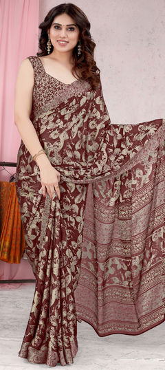 Festive, Traditional Red and Maroon color Saree in Chiffon fabric with Classic Floral, Printed work : 1913758