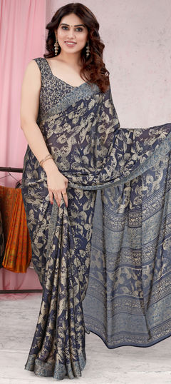 Festive, Traditional Blue color Saree in Chiffon fabric with Classic Floral, Printed work : 1913761