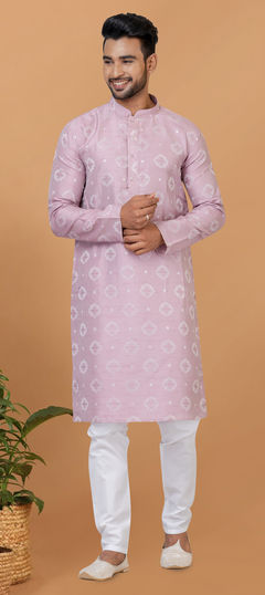 Purple and Violet color Kurta Pyjamas in Silk fabric with Embroidered work