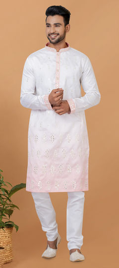 White and Off White color Kurta Pyjamas in Silk fabric with Embroidered, Sequence work