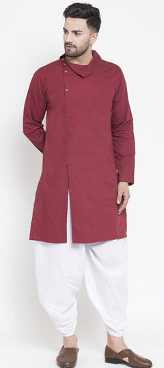 Red and Maroon color Dhoti Kurta in Blended Cotton fabric with Thread work