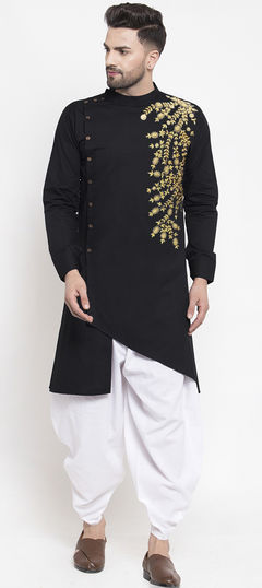 Black and Grey color Dhoti Kurta in Blended Cotton fabric with Embroidered work