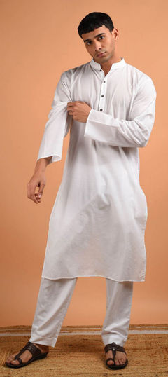 White and Off White color Kurta Pyjamas in Blended Cotton fabric with Thread work