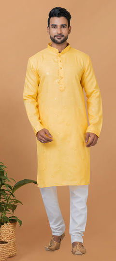 Yellow color Kurta Pyjamas in Poly cotton fabric with Embroidered work