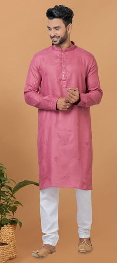 Pink and Majenta color Kurta Pyjamas in Poly cotton fabric with Embroidered work