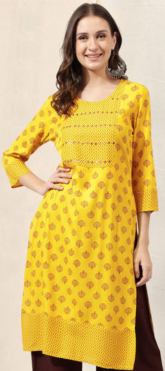 Red and Maroon, Yellow color Kurti in Rayon fabric with Embroidered, Patch, Printed work