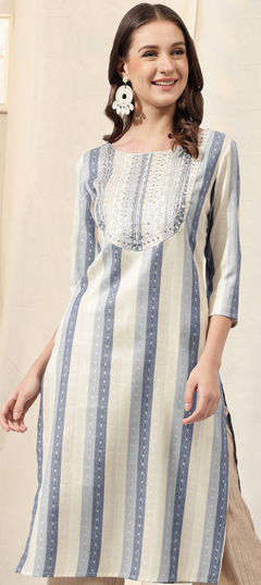 Blue color Kurti in Blended Cotton fabric with Embroidered, Sequence, Weaving, Zari work