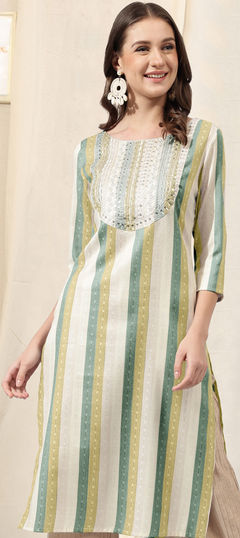 Green color Kurti in Blended Cotton fabric with Embroidered, Sequence, Weaving, Zari work