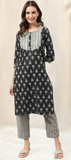 Black and Grey, White and Off White color Salwar Kameez in Cotton fabric with Foil Print, Gota Patti work