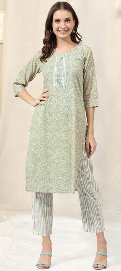 Blue, Green color Salwar Kameez in Cotton fabric with Foil Print, Gota Patti work