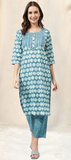 Blue, White and Off White color Salwar Kameez in Cotton fabric with Foil Print, Gota Patti work