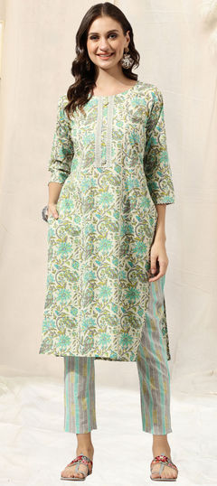 Blue color Salwar Kameez in Cotton fabric with Gota Patti, Printed work