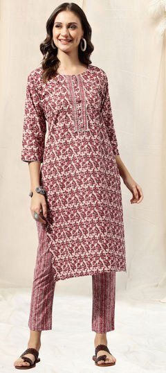 Beige and Brown, Purple and Violet color Salwar Kameez in Cotton fabric with Gota Patti, Printed work