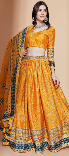 Yellow color Lehenga in Art Silk fabric with Digital Print, Embroidered work