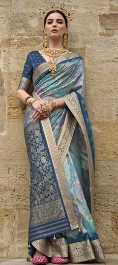 Black and Grey, Blue color Saree in Viscose fabric with Printed, Weaving, Zari work