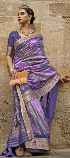 Purple and Violet color Saree in Viscose fabric with Printed, Weaving, Zari work