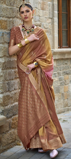 Beige and Brown color Saree in Viscose fabric with Printed, Weaving, Zari work