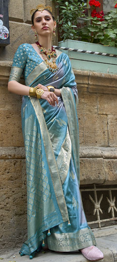 Blue color Saree in Viscose fabric with Printed, Weaving, Zari work