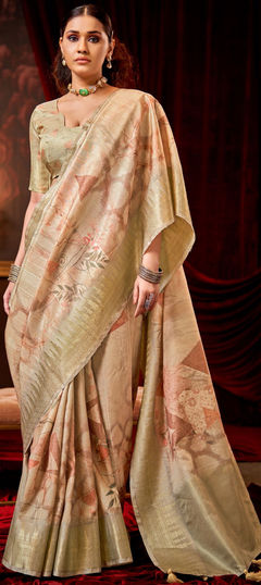 Beige and Brown color Saree in Silk fabric with Printed, Weaving work