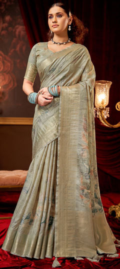 Black and Grey color Saree in Silk fabric with Printed, Weaving work